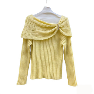 法式一字肩黄色长袖针织衫女2026春款设计感镂空打底衫超好看上衣