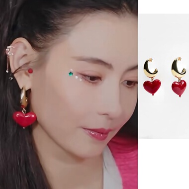 一路繁花2张柏芝同款红色爱心耳环节日氛围耳圈耳坠2025年新款潮