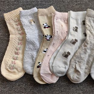 原单日单尾货女袜棉混中筒四季 袜浮雕碎花纯色随机10双