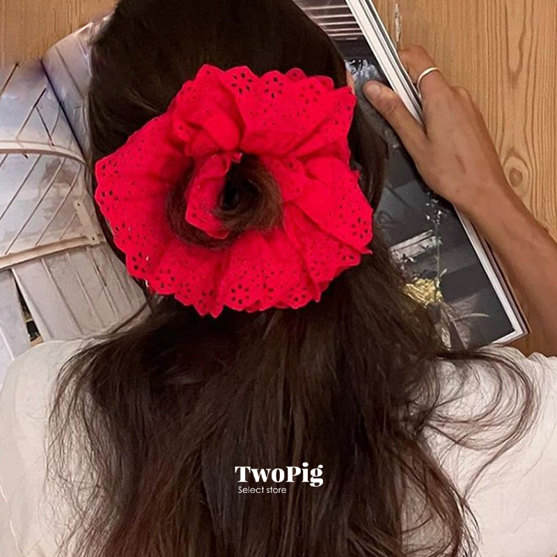 易梦玲同款红色蕾丝大肠发圈韩系