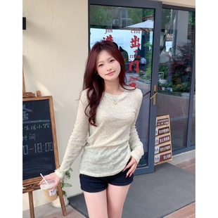 美式 女2024夏季 特价 圆领长袖 小上衣 新款 辣妹休闲打底防晒T恤薄款