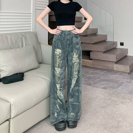 实拍实价~美式破洞牛仔裤女辣妹高街设计感复古宽松慵懒阔腿裤子