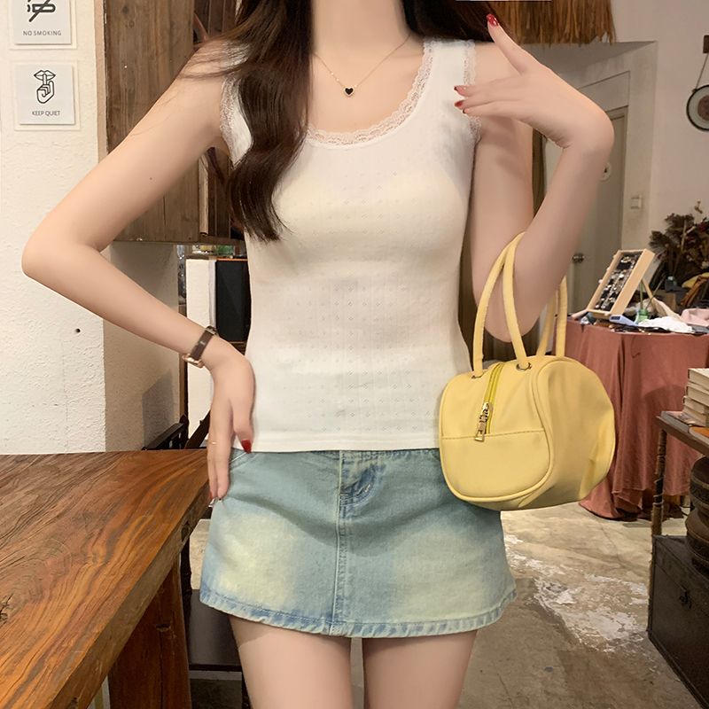 实拍210克梅花无袖背心女2025夏潮短款修身显瘦圆领蕾丝碎花上衣
