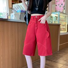 实拍实价~红色美式复古七分裤短裤女夏阔腿宽松设计感工装牛仔裤