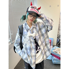 梁拌泡菜美式复古毛茸长袖衬衫格子外套男女休闲百搭宽松上衣