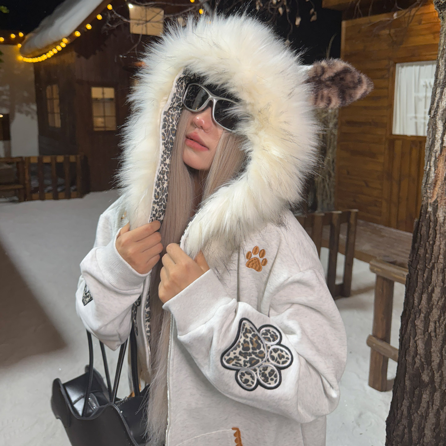 梁拌泡菜美式复古豹纹撞色毛领加绒外套女冬季休闲设计感连帽上衣