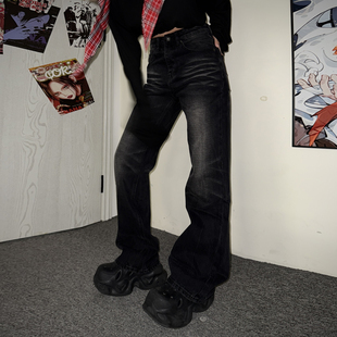 梁拌泡菜美式复古cleanfit洗水做旧牛仔裤微喇宽裤脚设计感长裤