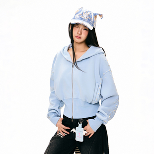 梁拌泡菜美式泡珠短款外套设计感百搭连帽卫衣休闲合身开衫上衣