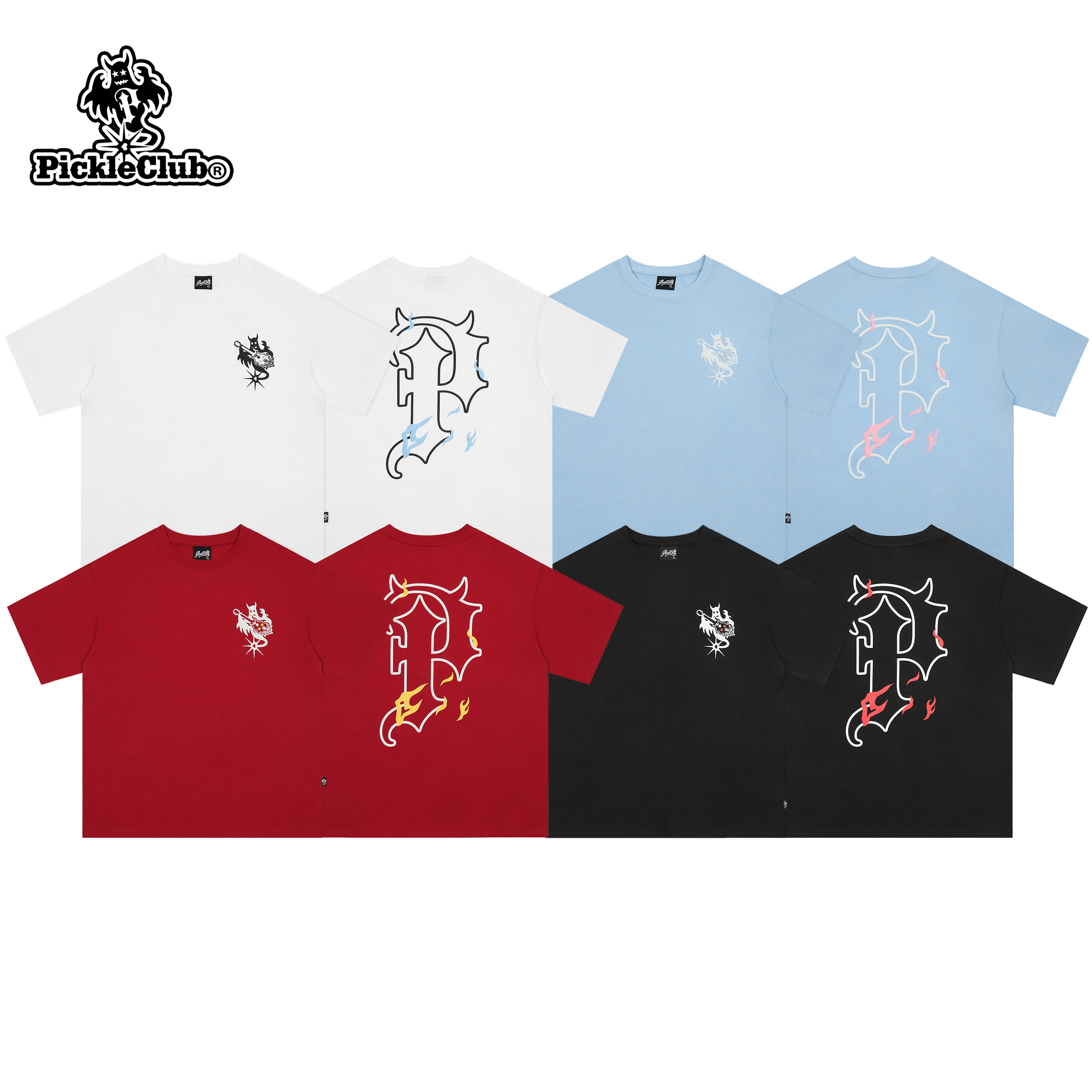 梁拌泡菜 PC 国潮吉他幽灵背后火焰字母印花短袖T恤男女宽松情侣