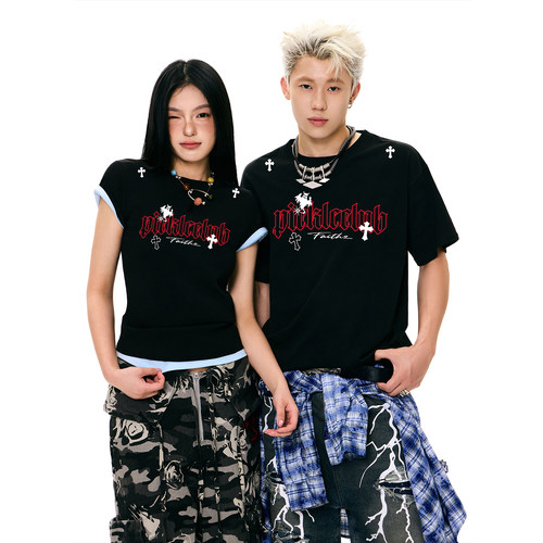 LBPC梁拌泡菜美式复古十字架印花短袖T恤男女夏季宽松上衣