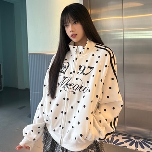 梁拌泡菜LBPC美式波点跳跳糖立领卫衣女修身短款外套休闲百搭上衣