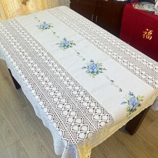 纯棉钩织刺绣桌布茶几布110x160布艺130x180六人135x200出口包邮