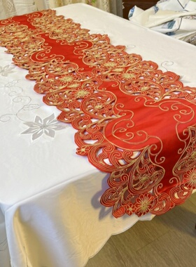 红色手工绳绣桌旗美式乡村刺绣鲁绣棉麻绣花布艺40x175和40x235