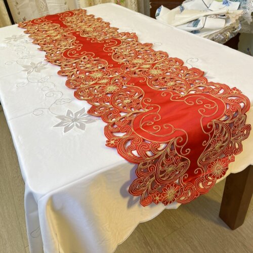 红色手工绳绣桌旗绣花布艺40x235
