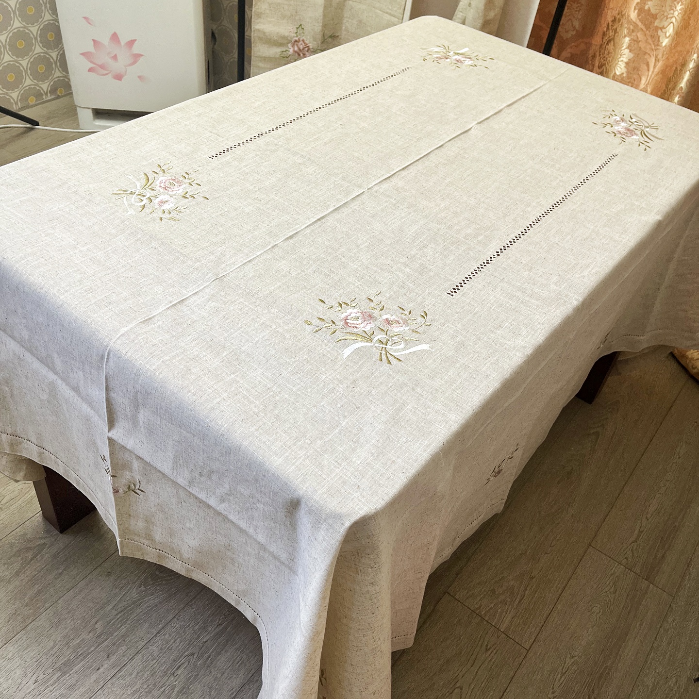 外贸原单亚麻灰色刺绣大桌布180x220和180x270布艺办公加长包邮