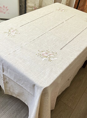 外贸原单亚麻灰色刺绣大桌布180x220和180x270布艺办公加长包邮