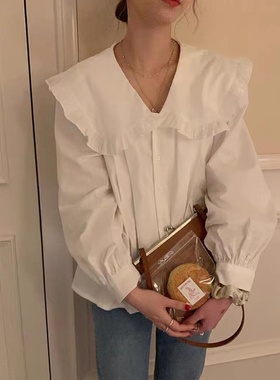 瑕疵秒杀~wan能百搭款 英国超大荷叶边衬衫娃娃领长袖上衣D10201