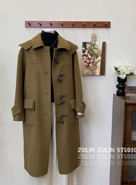 韩单~手工缝制100%澳毛长大衣秋冬连帽翻领长外套双面尼D20402