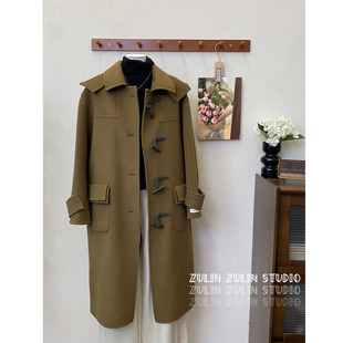 韩单~手工缝制100%澳毛长大衣秋冬连帽翻领长外套双面尼D20402