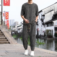 中國風(fēng)漢服肥佬大碼男士套裝夏季薄款短袖長褲胖子t恤破洞兩件套