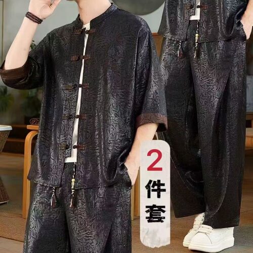夏季男士新款唐装短袖衬衫男夏季冰丝中国风套装休闲宽松新中式潮