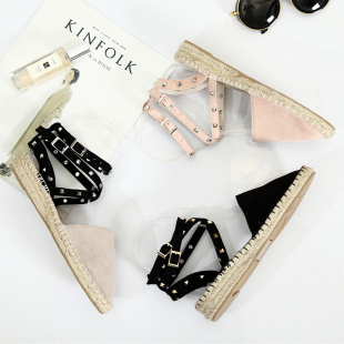 包头罗马鞋 女坡跟草编厚底渔夫鞋 潮 铆钉渔夫凉鞋 亏本清仓处理夏季