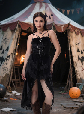 JY23429夏季新款 跨境暗黑性感辣妹修身挂脖绑带收腰拖摆连衣裙女