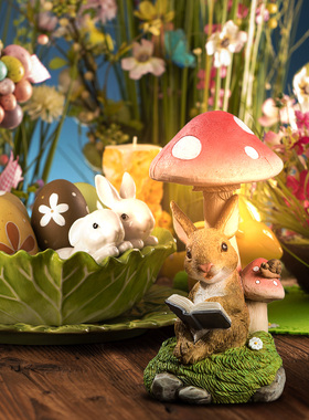 动物摆件太阳能蘑菇灯兔子草坪灯装饰庭院阳台露台室外树脂工艺品