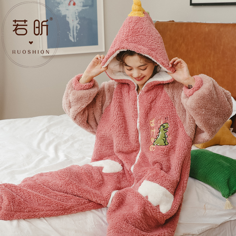 珊瑚绒睡衣女春秋冬季连体卡通动漫可爱甜美套装保暖法兰绒家居服