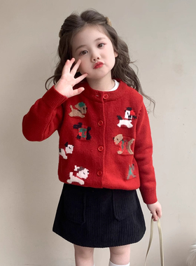 女童毛衣外套春秋2025新款儿童洋气卡通秋装宝宝红色针织开衫上衣