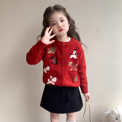 女童毛衣外套春秋2025新款儿童洋气卡通秋装宝宝红色针织开衫上衣