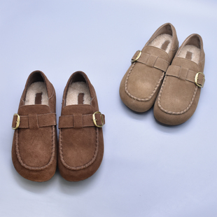 冬季软底牛皮女鞋子牛津鞋加绒棉鞋软皮软底深口休闲圆头勃肯鞋潮