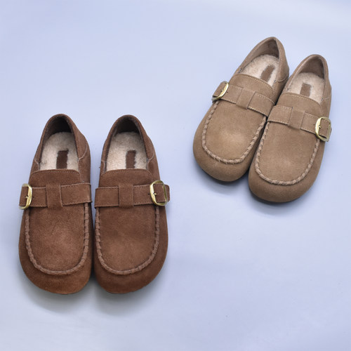 冬季软底牛皮女鞋子牛津鞋加绒棉鞋软皮软底深口休闲圆头勃肯鞋潮