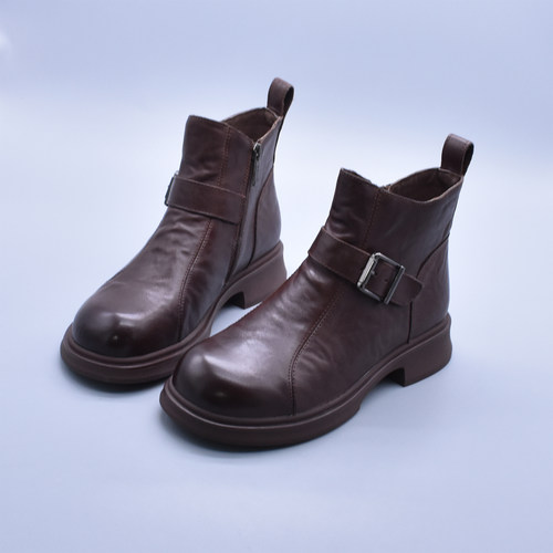 柜子好货4cm复古手工抓纹圆头短靴头层牛皮软底女粗跟通勤时装靴