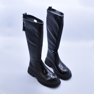 微瑕清~显腿直骑士靴侧拉链高筒长靴圆头女靴粗跟软底白色女靴潮