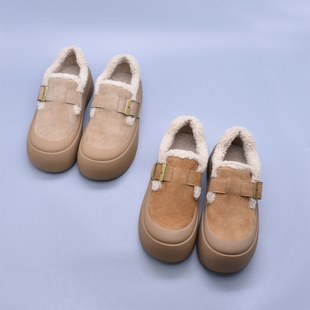 冬季百搭厚底真皮勃肯鞋女复古休闲软底扣带加绒圆头休闲棉鞋包邮