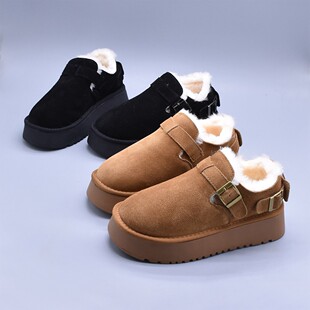 微瑕清百搭厚底真皮羊毛口勃肯鞋女复古休闲软底扣带加绒休闲棉鞋