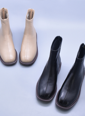 实体货显瘦百搭粗跟真皮圆头黑色短靴瘦瘦靴方头羊皮浅色小裸靴潮