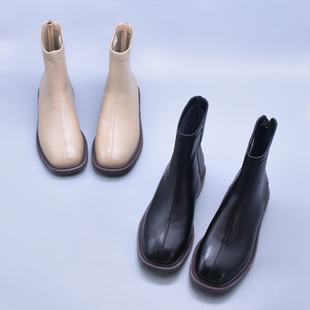 实体货显瘦百搭粗跟真皮圆头黑色短靴瘦瘦靴方头羊皮浅色小裸靴潮