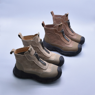 2025冬头层牛皮高帮靴厚底增高休闲靴前拉链雪地防寒运动加绒棉鞋
