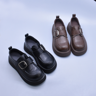 秋季百搭厚底单鞋软软的复古圆头小皮鞋英伦风魔术贴休闲乐福鞋潮