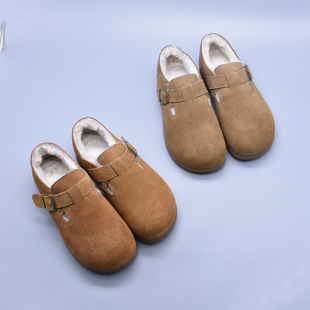 冬季百搭牛皮勃肯鞋真皮舒适休闲经典包头短绒防滑橡胶软底女鞋潮