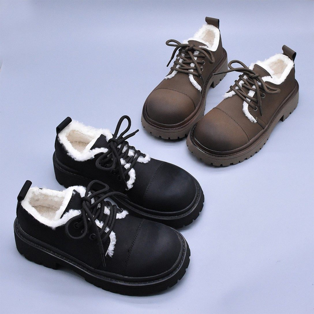 清~毛口新款大头磨砂皮百搭英伦风女冬毛毛鞋保暖乐福鞋系带潮,女鞋,深口单鞋,淘宝优惠券,粉丝福利购,淘宝优惠卷