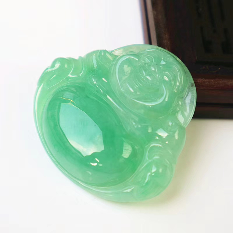 世代好翡翠 缅甸老坑天然a货翡翠玉石雕刻冰糯种满绿笑佛翡翠吊坠