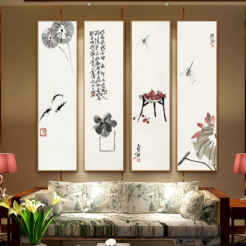 新中式客厅四联画酒店茶室别墅四条屏挂画中式国画花鸟壁画齐白石