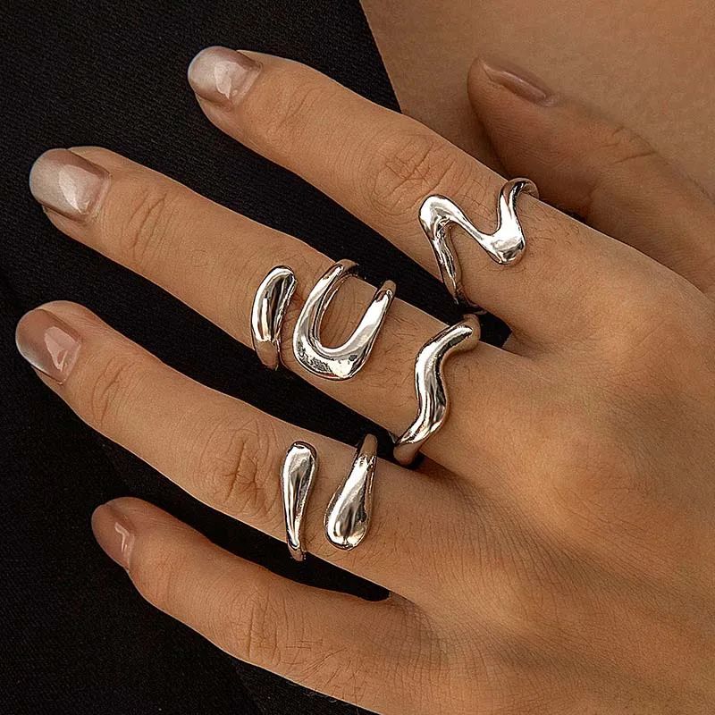 4Pcs/Set Fashion Silver Color Irregular Geometric Open Rings