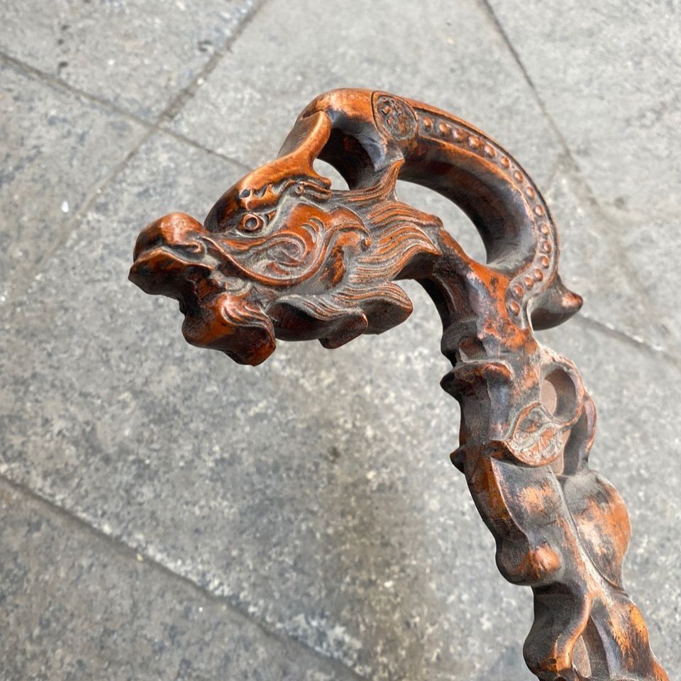 古玩收藏 黄杨木龙头拐杖 整料雕刻 送人送礼 送老人 大龙拐杖