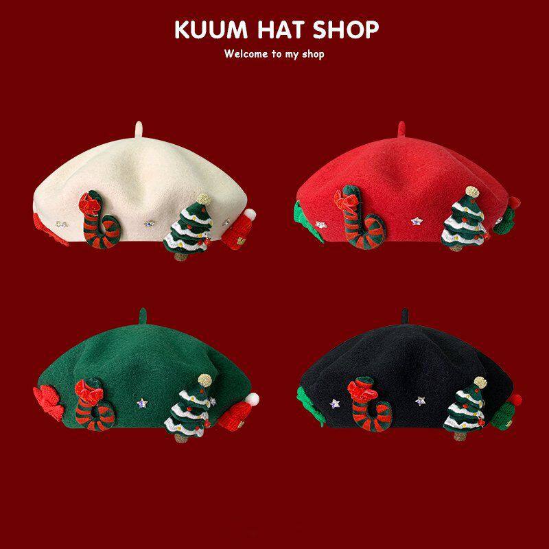 日系甜美红色圣诞节羊毛呢贝雷帽子女冬季保暖百搭学生情侣画家帽