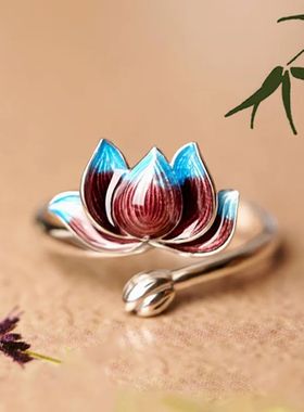 Retro Chinese Cloisonne Lotus Flower Ring For Women Punk Got