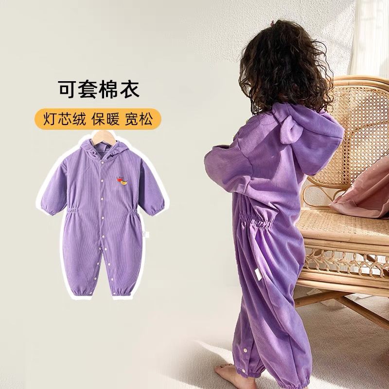 儿童画画罩衣冬季全身防脏外穿衣婴儿爬爬服男女宝宝连体棉衣罩衣
